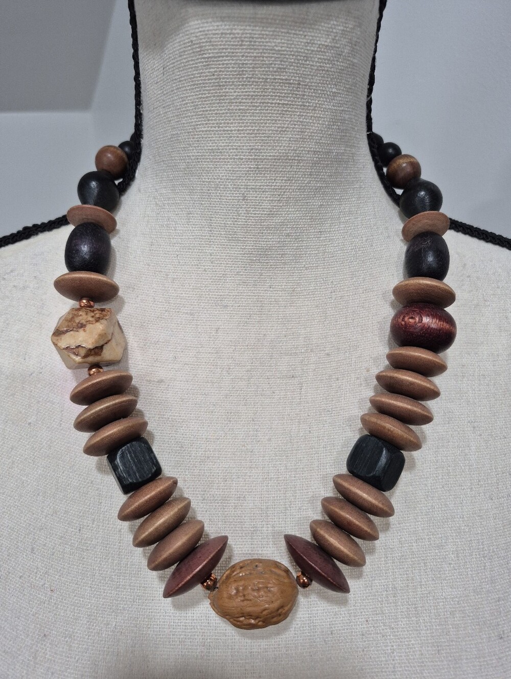 Unique Walnut And Wooden Bead Necklace